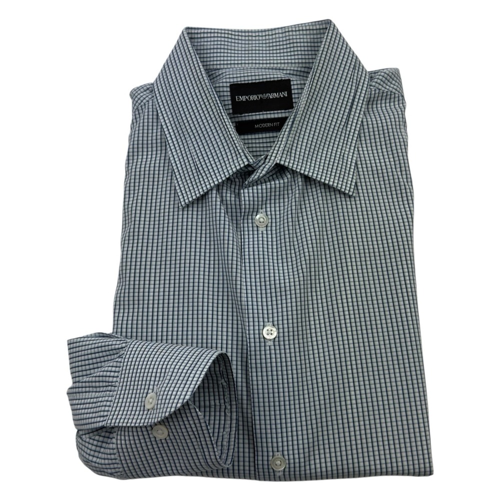 Emporio Armani Black Tag Modern Fit‎ Cotton Check Shirt White Blue Green 16/41